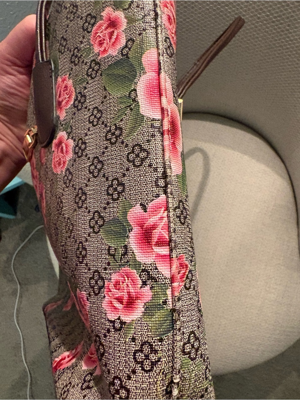 2 Floral Print Tote Bags in Pink and Brown leather - Picture 11 of 13